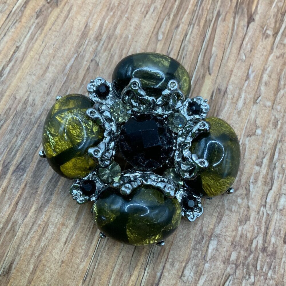 Dark Green Lucite Cabochons Vintage Silver Tone Black Rhinestone Center Brooch